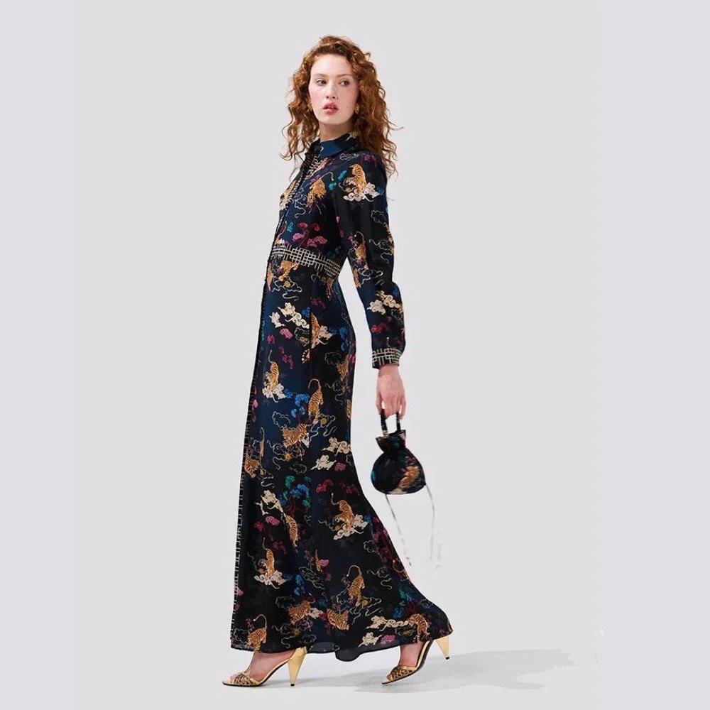 Long Sleeve Silk Maxi Shirt Dress - Courageous Tiger Black - Image 3