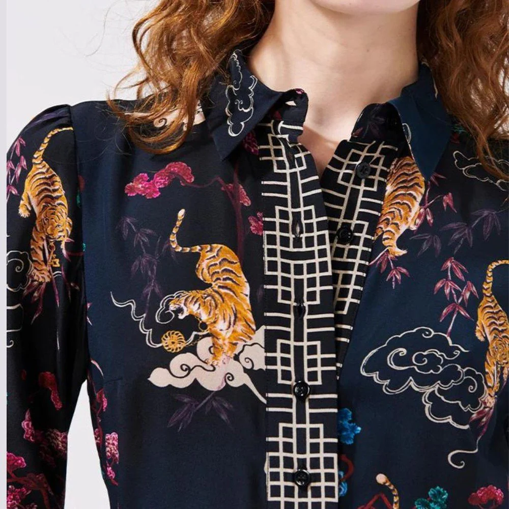 Long Sleeve Silk Maxi Shirt Dress - Courageous Tiger Black - Image 4