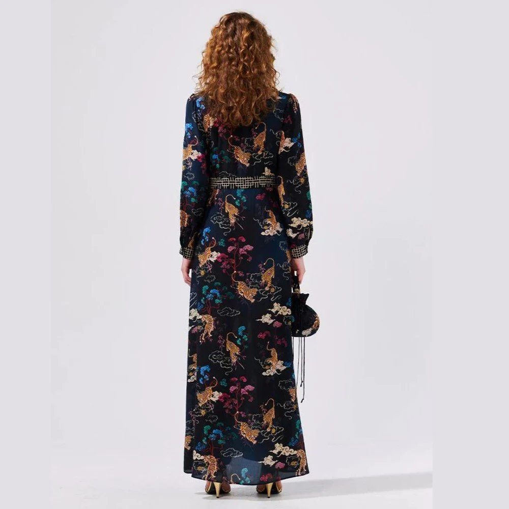 Long Sleeve Silk Maxi Shirt Dress - Courageous Tiger Black - Image 5