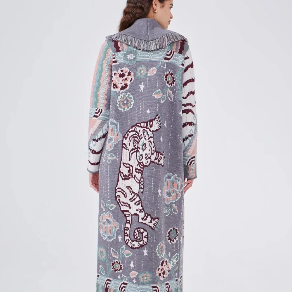 Merino Jacquard Long Cardigan Tibetan Tiger - Grey - Image 5