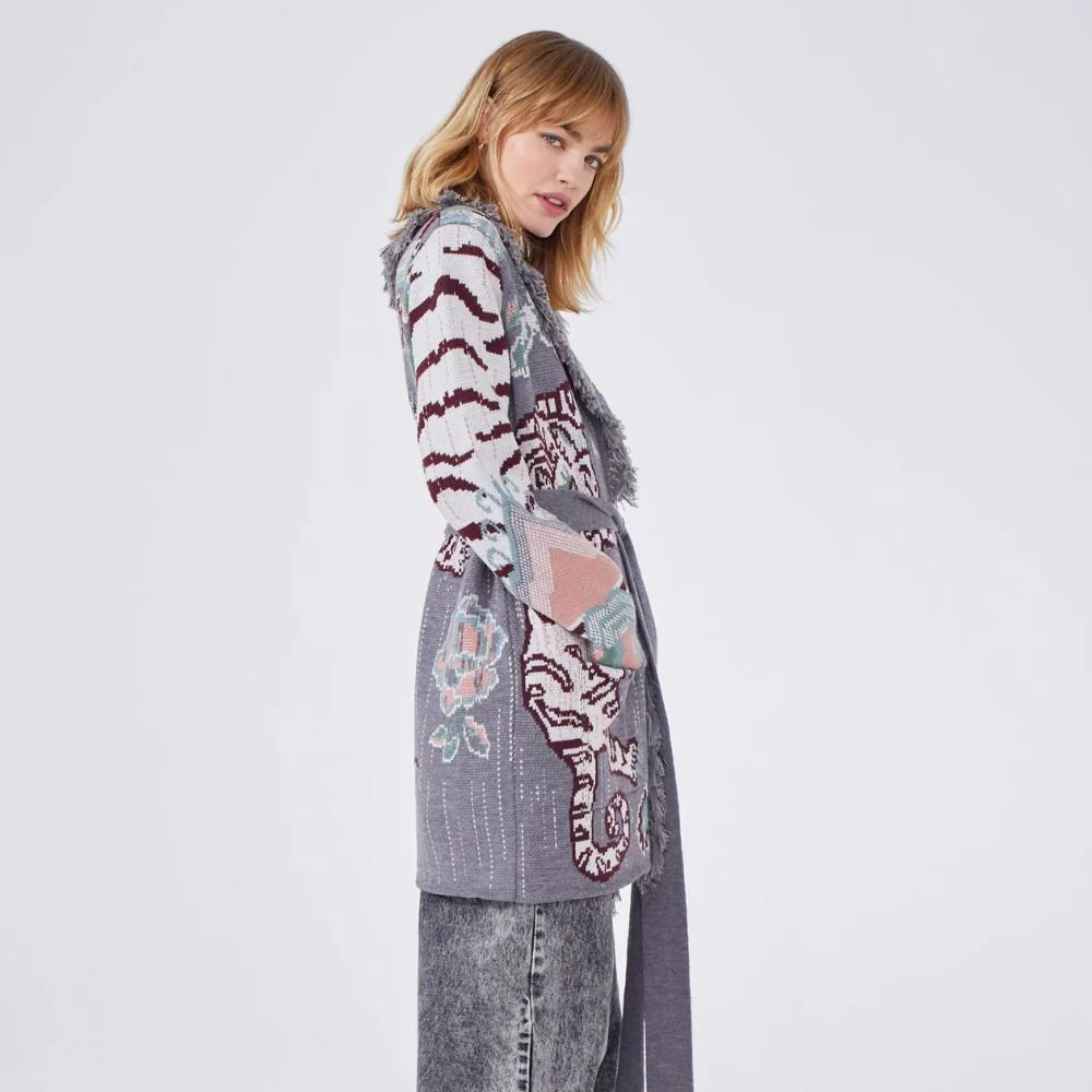 Merino Jacquard Short Cardigan Tibetan Tiger - Grey - Image 3
