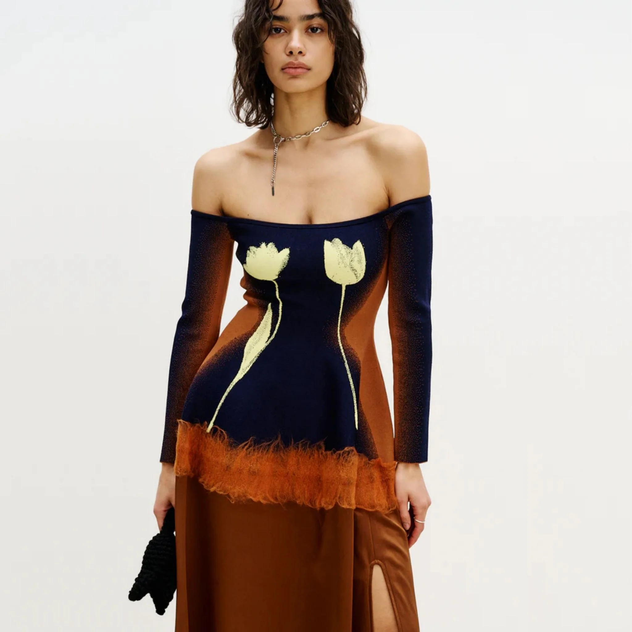 Brioni Needle Punch Maxi Dress- Brown & Navy - Image 2