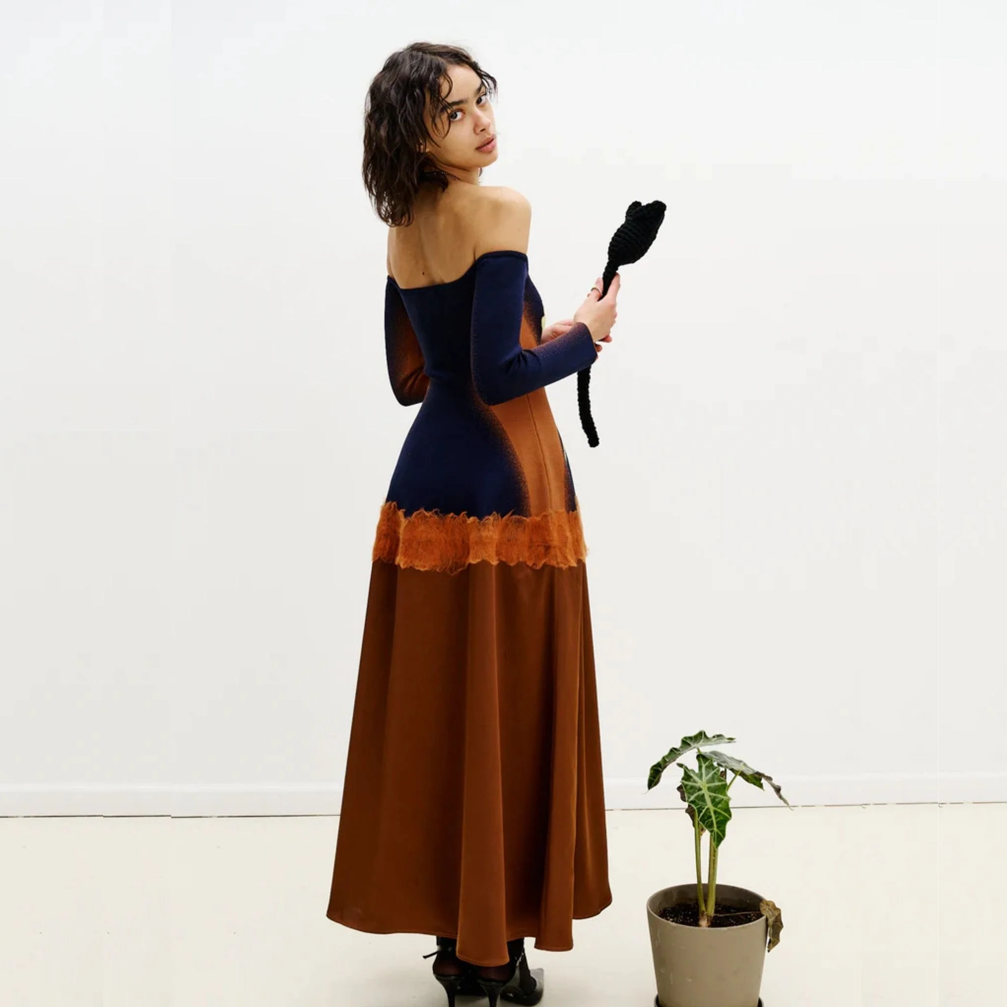 Brioni Needle Punch Maxi Dress- Brown & Navy - Image 3