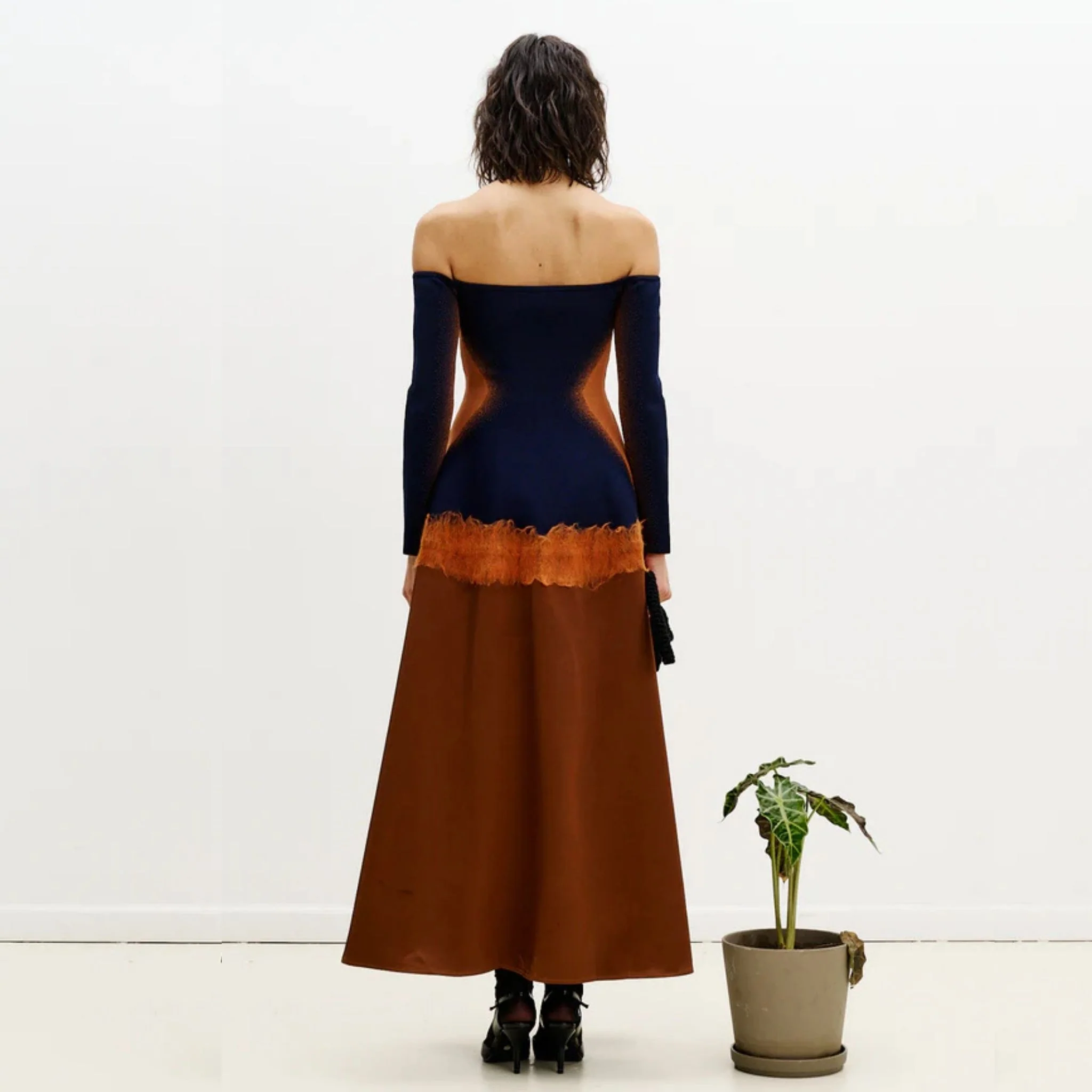 Brioni Needle Punch Maxi Dress- Brown & Navy - Image 4